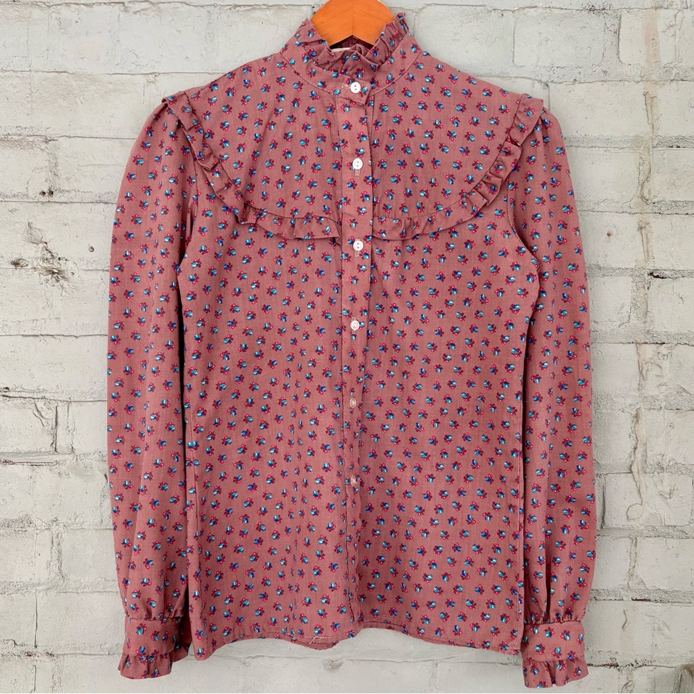 Vintage Floral Ruffle Peasant Blouse - Pink Calico